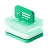 녹색 말풍선들이 계층적으로 쌓여있고 체크 표시가 있는 3D 아이콘, 엄격한 기준과 검증을 상징
